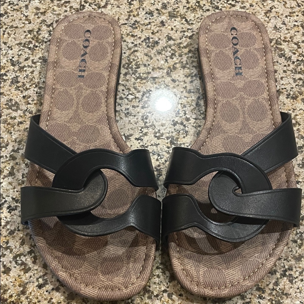 Coach Women's Black and Tan Slide Sandals